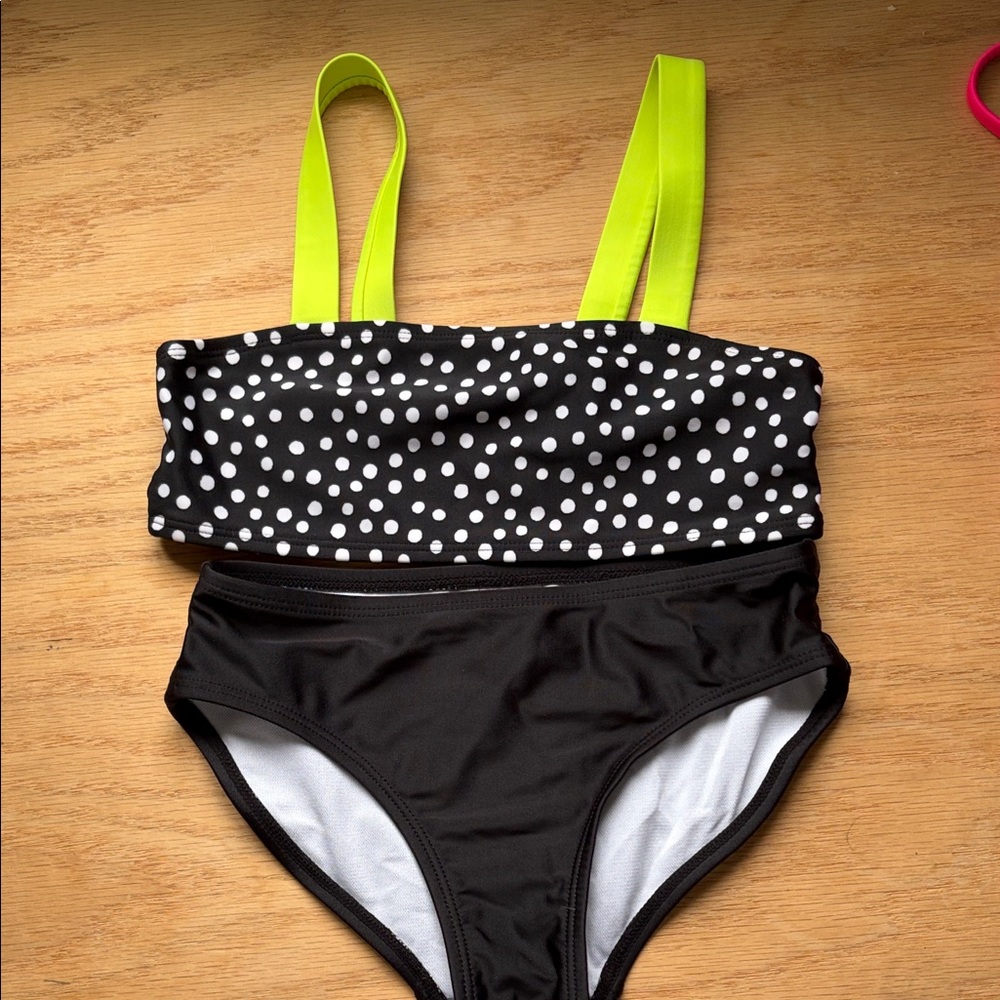 Girls Black Polka Dot Bikini with Neon Yellow Straps